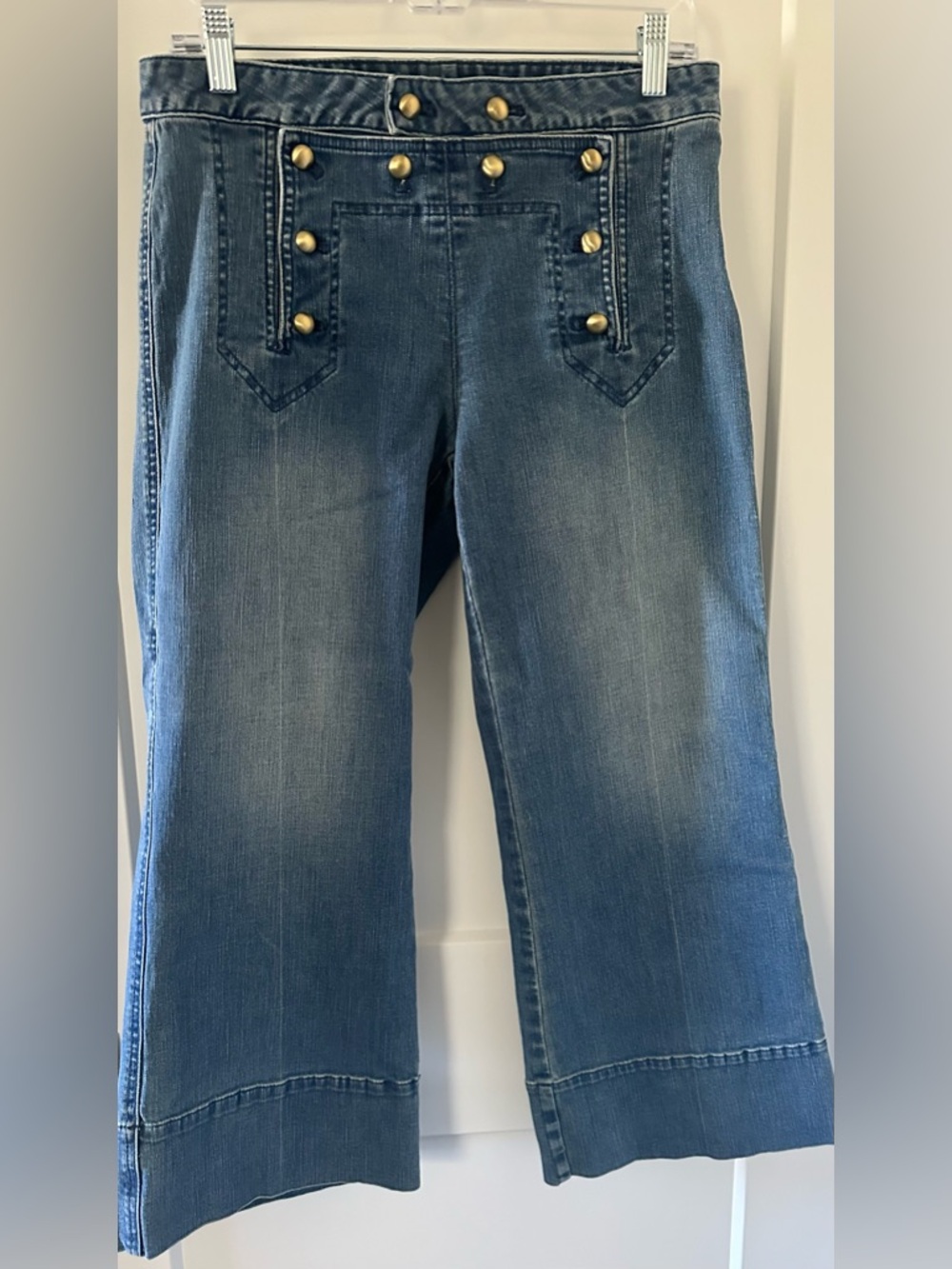Michael Kors Medium Blue Sailor-Style Wide Leg Jeans with Gold Buttons-Size 8